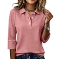 thumbnail image 2 of Women Three Quarter Sleeve Collared Button Polo Shirts Solid Color Loose Casual Office Daily Tops 3XL, 2 of 5