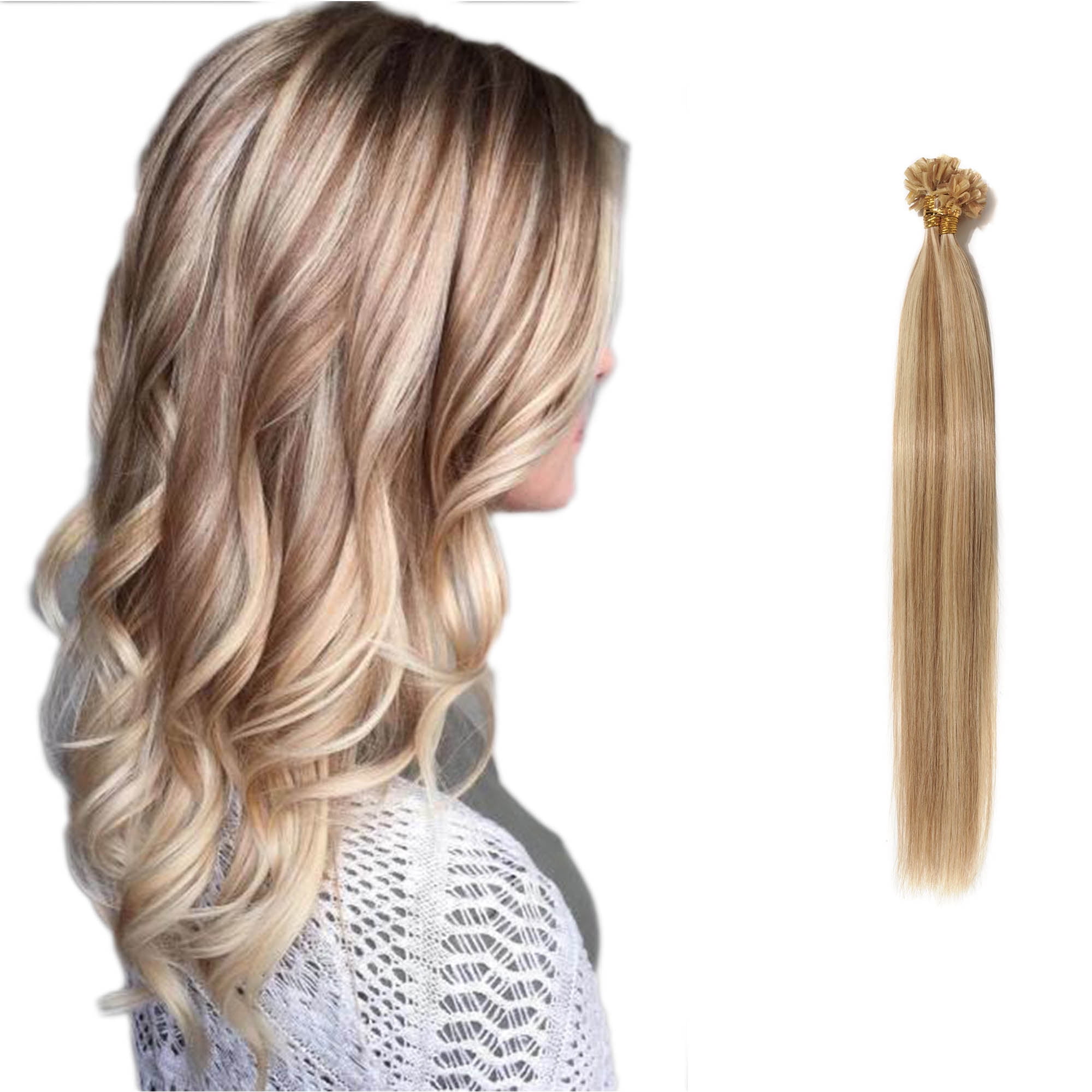 S-noilite 200 Strands Pre Bonded Human Hair Extensions U Tip Nail Tip  Keratin Remy Straight Brown & bleach blonde,20