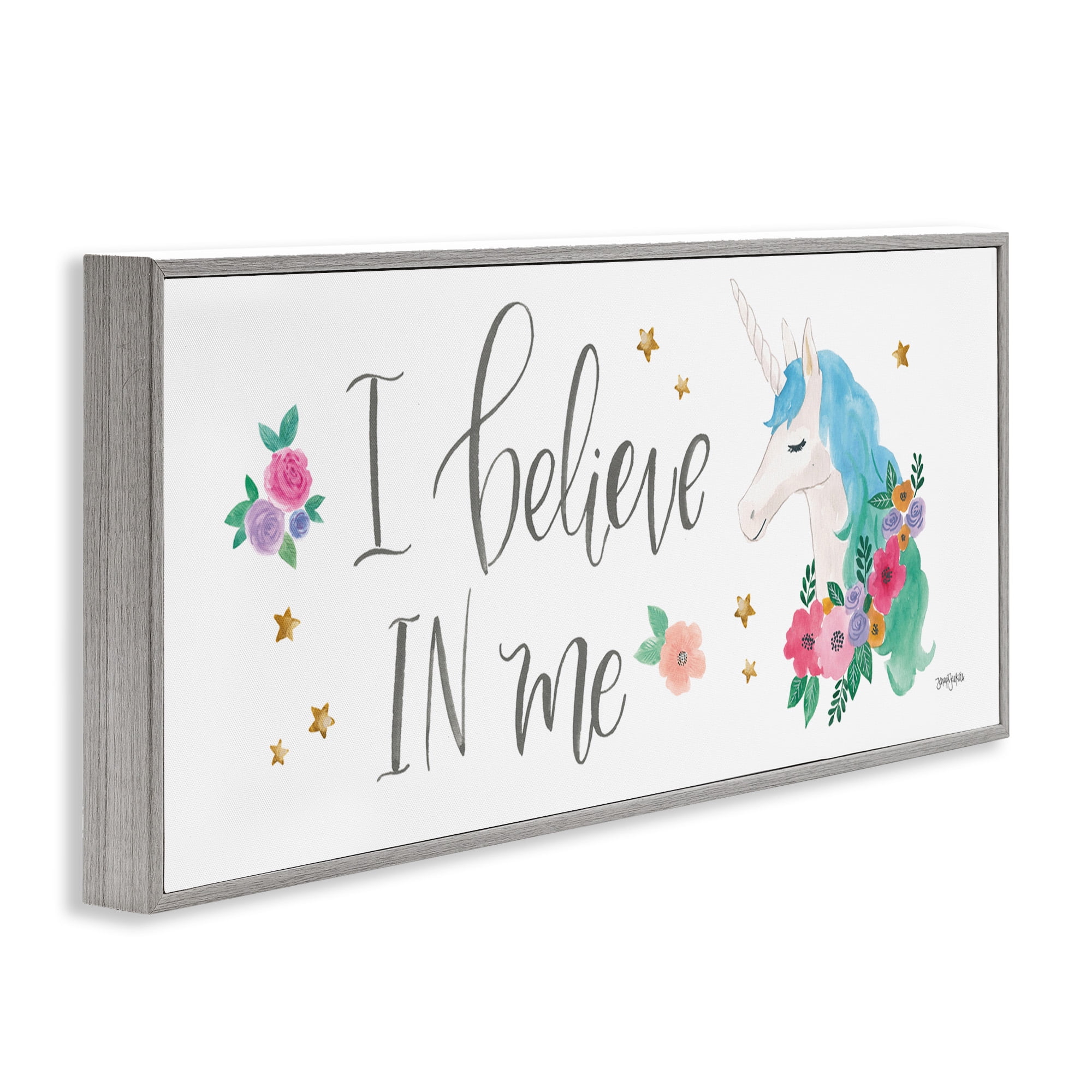 Stupell Industries Believe In Me Blue Unicorn Art for Kids Painting Gray Framed Art Print Wall Art, 30 x 13