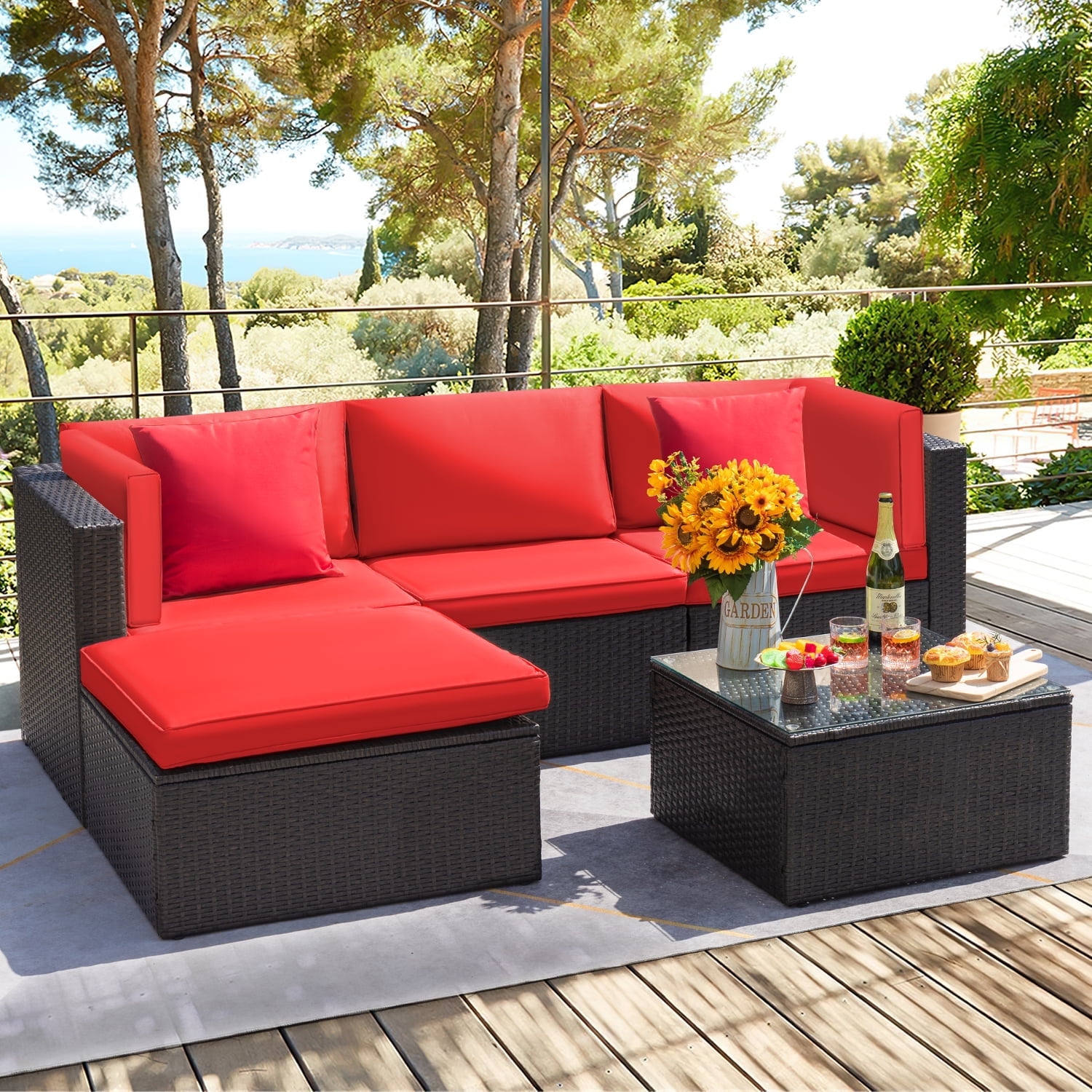 Devoko 5 Pieces Patio Sectional Set Outdoor Wicker Rattan Sofa with Cushion and Glass Table, Red