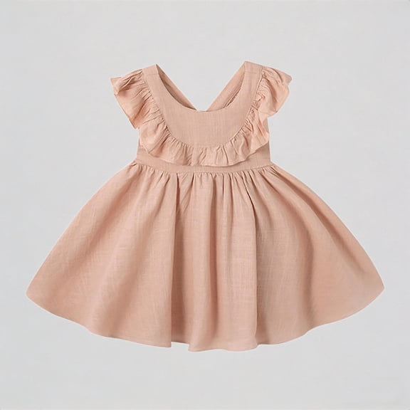 REDARER Toddler Girls' Linen Dress with Ruffled Flutter Sleeves & Cross-Back Design, Comfortable Casual Summer Playwear Kids Outfit,1-2 Years