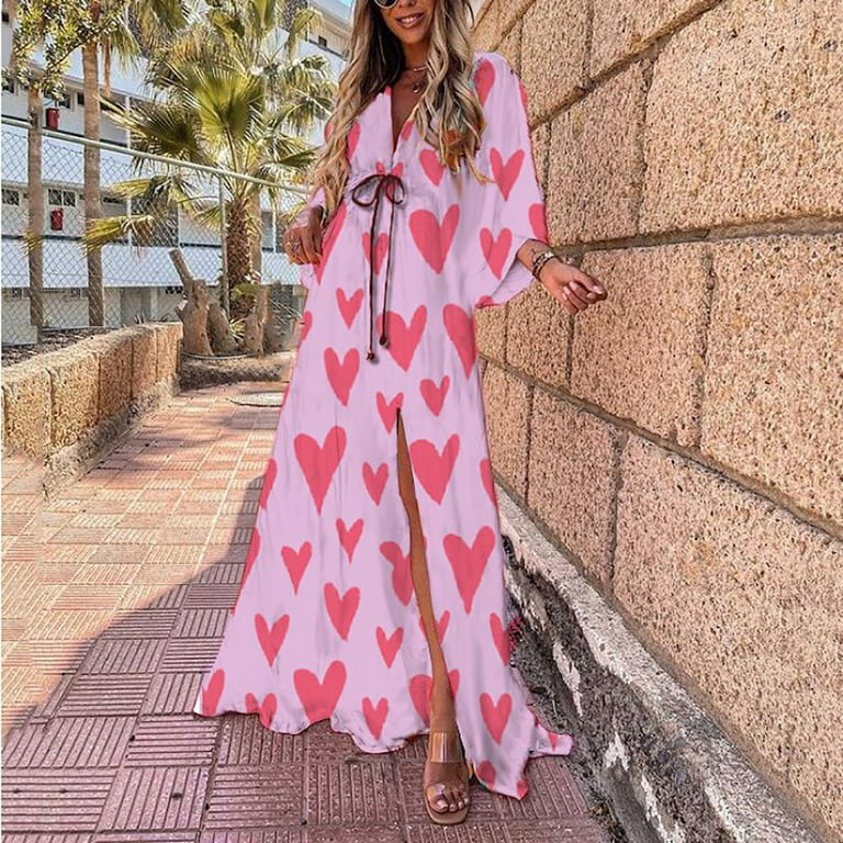Ernkv Clearance Maxi Dress for Women Heart Leopard Half Sleeve V Neck Dress  Side Split Drawstring Longuette Retro Holiday Beach Trendy Clothing Summer  Pink M 