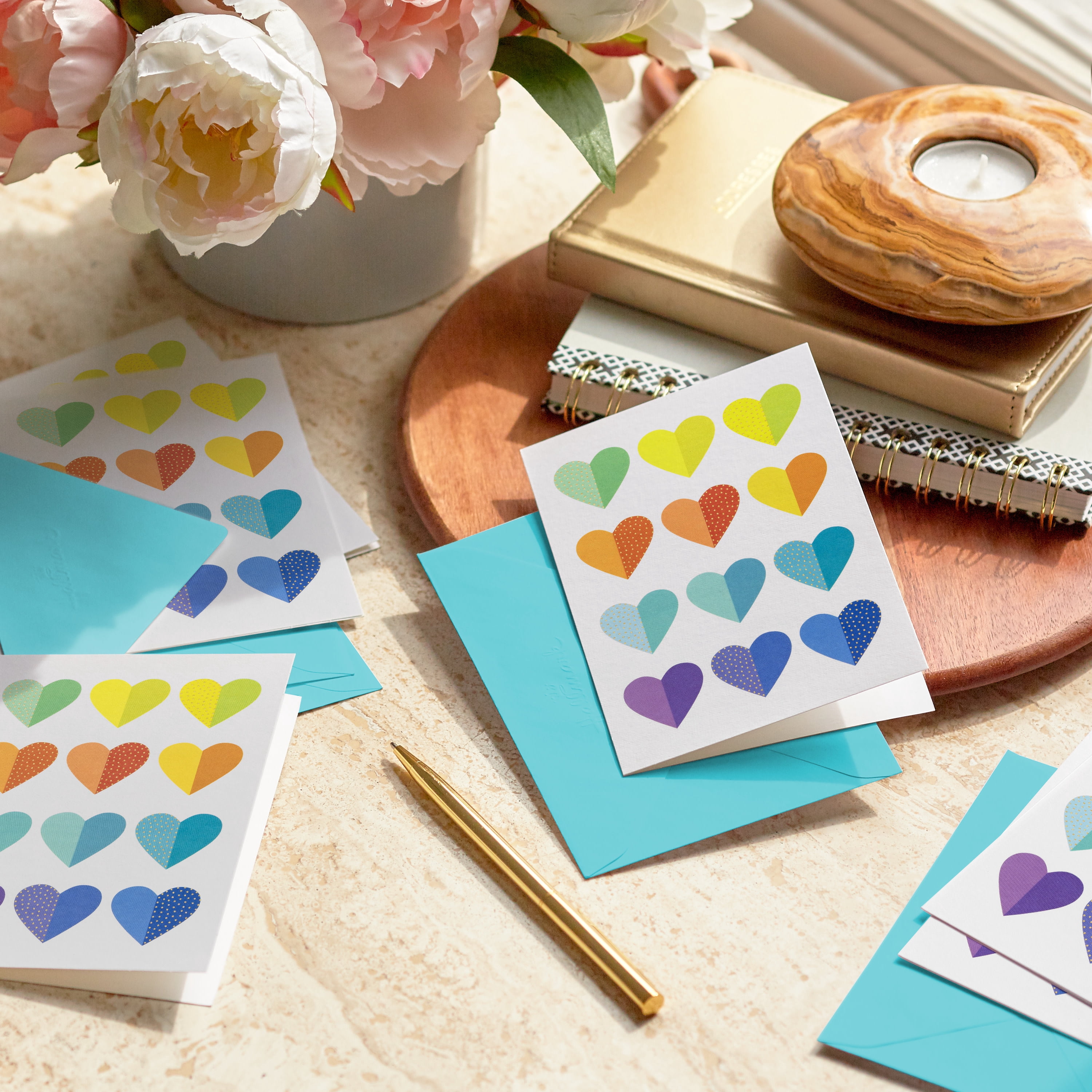 Hallmark Blank Notes (Colorful Rows of Hearts), Pack of 10