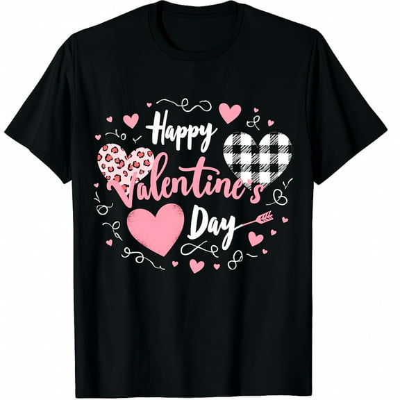 Happy Valentine's Day Leopard and Plaid Hearts Graphic Crew Neck Short Sleeve T-Shirts (Men's, Women's)