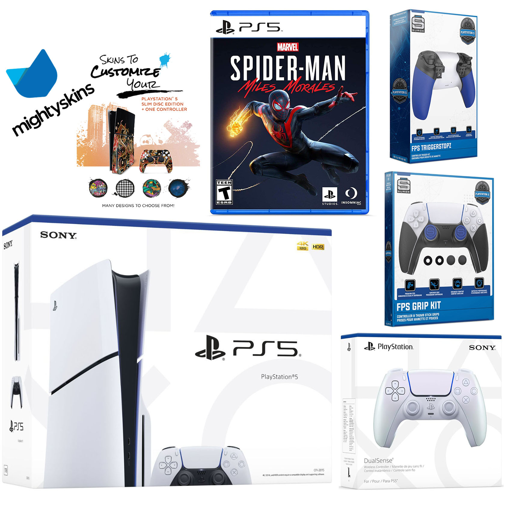 Sony Playstation 5 Slim Disc Bundle with Spider-Man: Miles Morales, Extra Chroma Pearl Controller, Trigger Stop Kit, FPS Grip Kit and MightySkins Decal Voucher