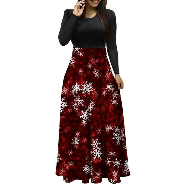 Vestidos de Navidad Para Mujer Estampado de Árbol de Navidad Manga Larga Cuello Redondo Vestido Largo Playa Casual Maxi Sundress Odeerbi ODB203009