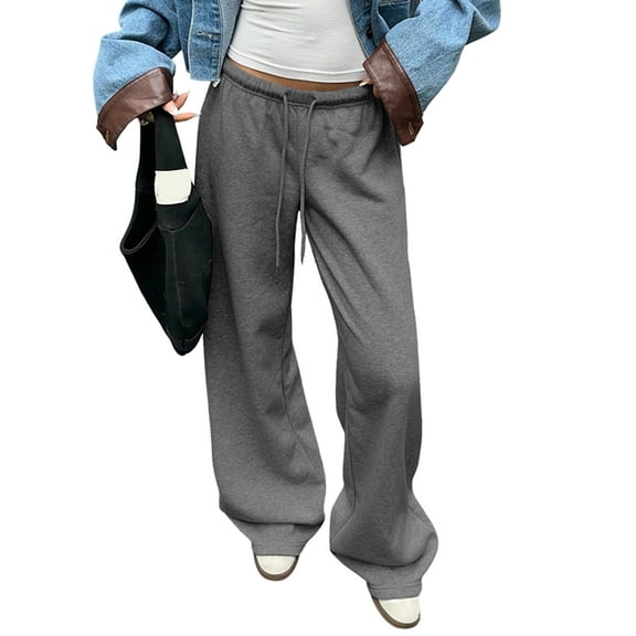 Womens Wide Leg Sweatpants Interior Sweat Pants with Pockets Elastic Waisted Lounge Casual Trousers Dark Gray S