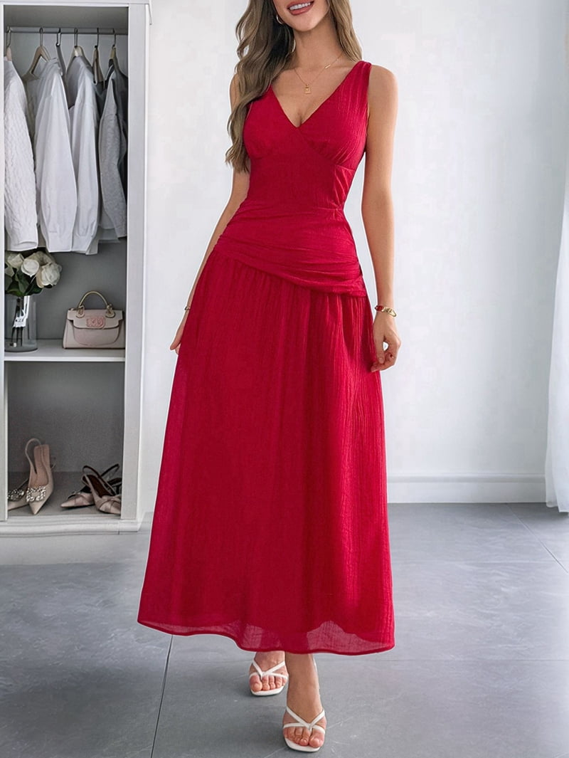 Women'S Summer Sleeveless Casual Dresses V-Neck Wrinkles Backless Party Dress Red M
