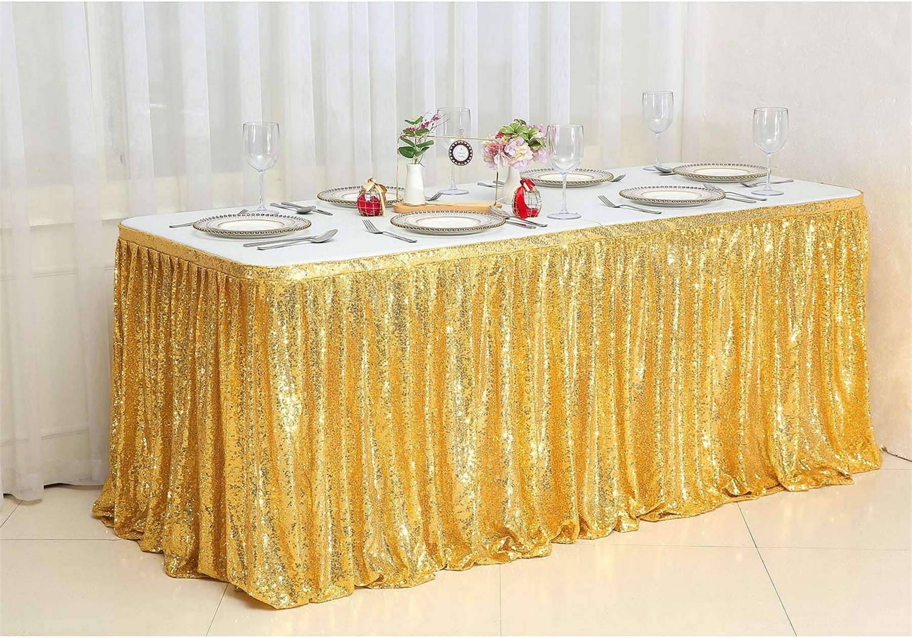 Spakly Draped 9ft wide x 30 inches drop Gold Table Skirt for Birthday