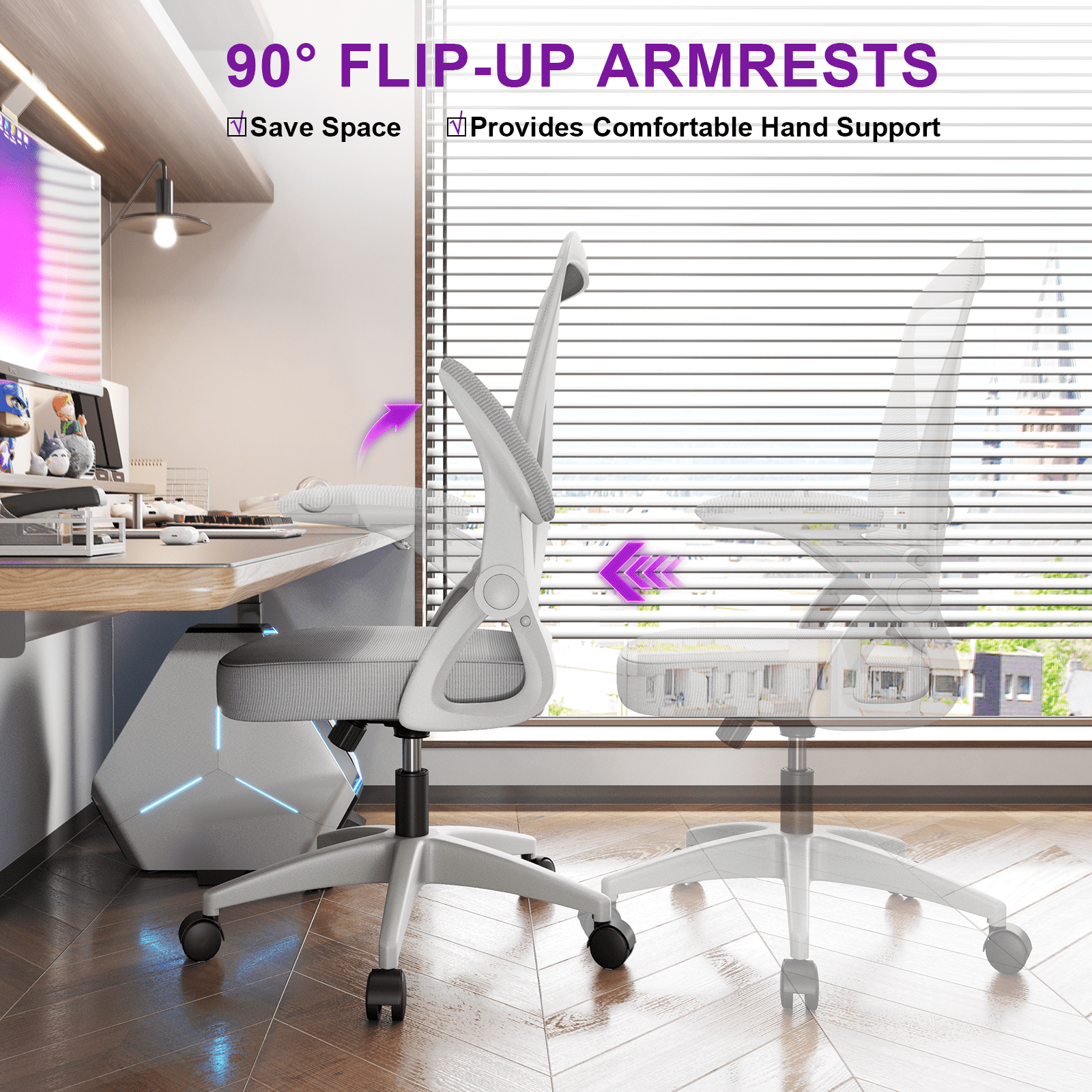 Biggzia Ergonomic Office Chair, Mid-Back Computer Chair with Adjustable Height, Flip-Up Arms and Lumbar Support, Mesh Desk Chair, Gray
