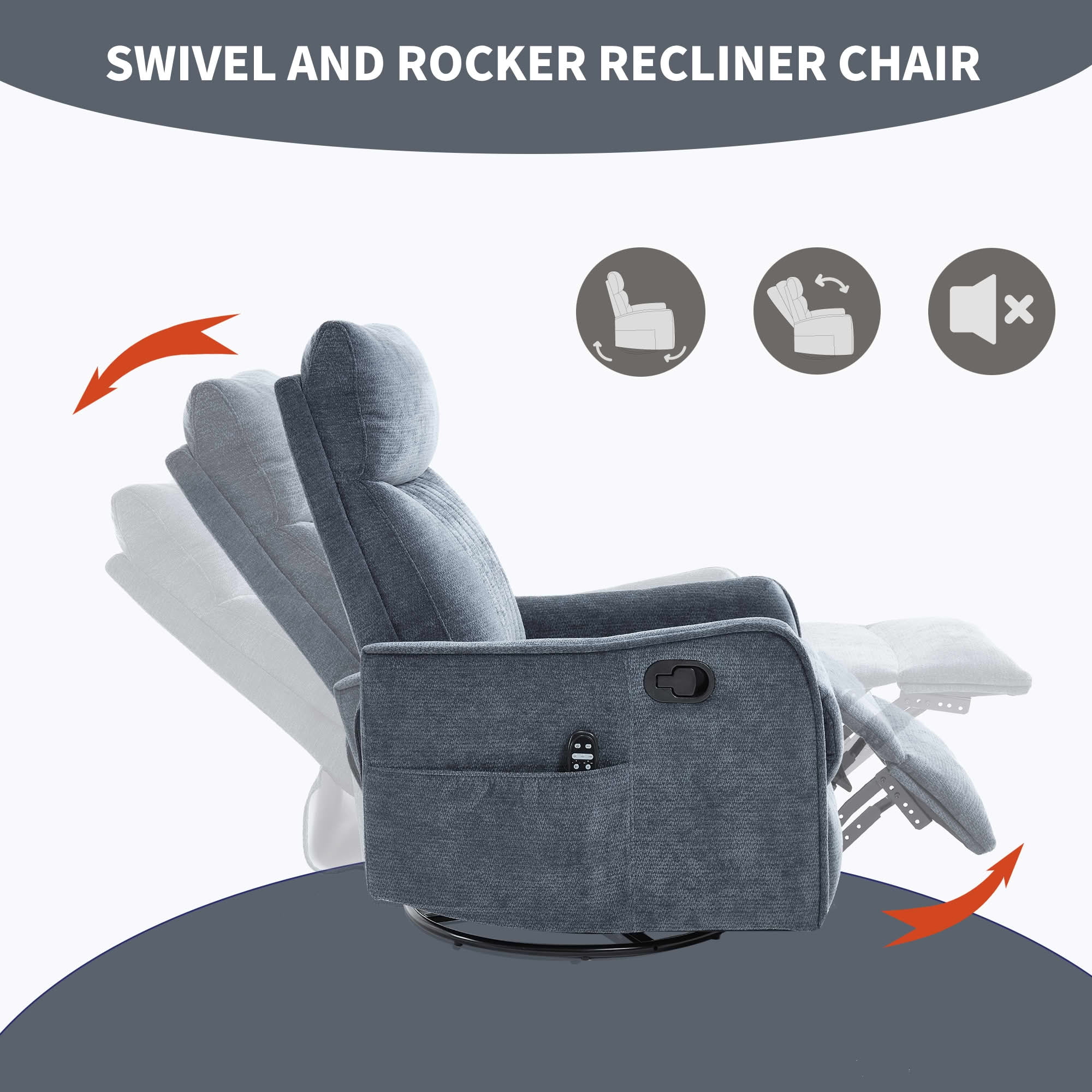 MAYEERTY Blue Chenille Heat Massage Recliner Chair, 360° Swivel Rocker for Living Room, 26x35x39in