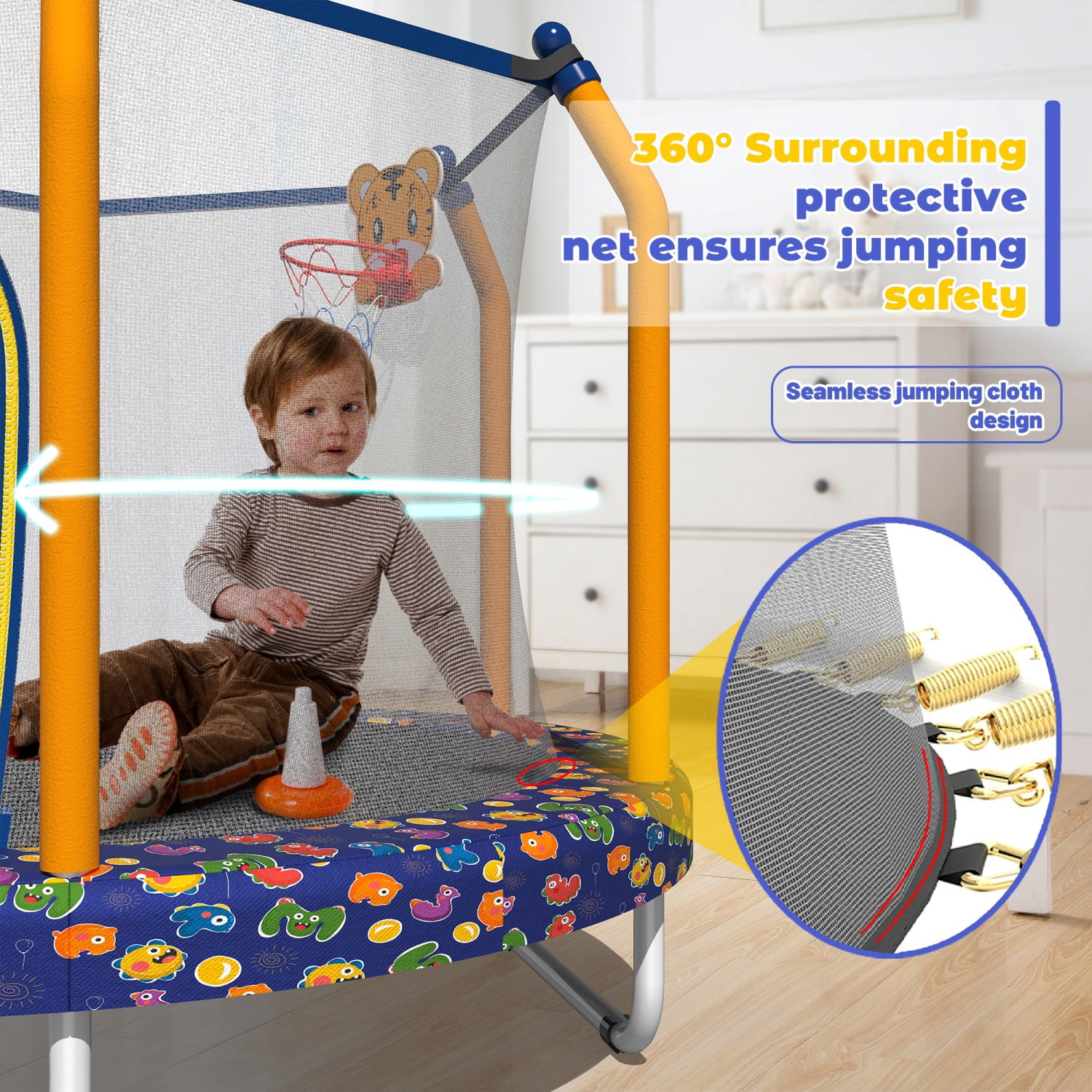 Hommoo 55" Trampoline for Kids, Indoor & Outdoor Small Toddler Trampoline with Basketball Hoop, Blue Multi