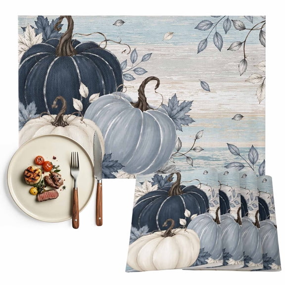 Navy Blue Fall Placemats Set of 4, Thanksgiving Harvest Botanical Pumpkin Vintage Washable Wipeable Table Mats for Dining Tables, Indoor Outdoor Kitchen Place Mats for Holiday Party Table Decor