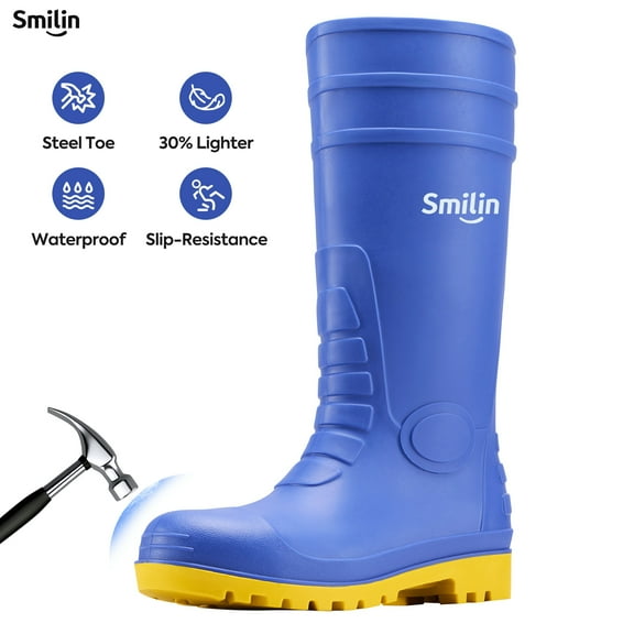 SMILIN PVC Rubber Rain Boots for Men,Steel Toe Waterproof and Slip Resistant lightweight Knee Men's Work Boots,Black,US Size 7