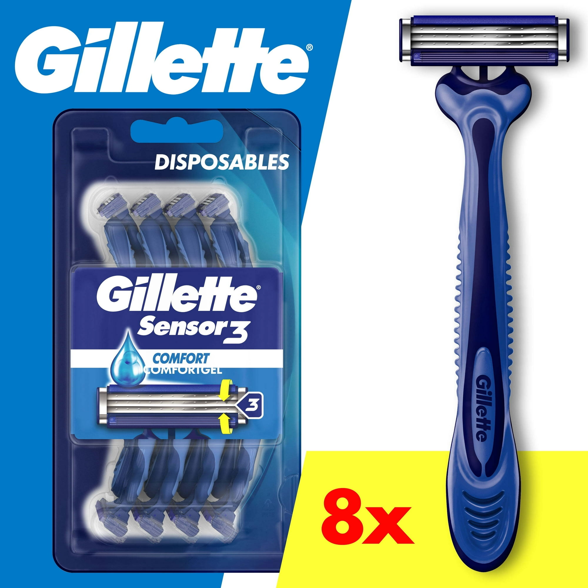 Gillette Sensor3 Men's Disposable Razor, Blue, 8 Razors
