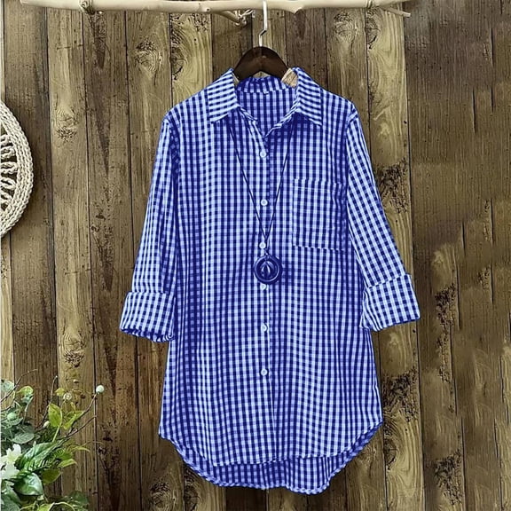 Plaid Shirts for Womens Long Sleeve Casual Collar Regular Fit Button Down Shirts Lightweight Breathable Work Office Tops with Pocket Blue L