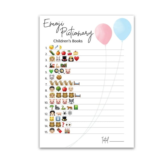 GENDER REVEAL Party Game —Pack of 25 — Balloons Pink or Blue Minimalist theme Emoticons Pictionary Children's Books Baby Shower Games Activities, Gender Neutral Co-Ed Couples Shower Activity G515-EMJ