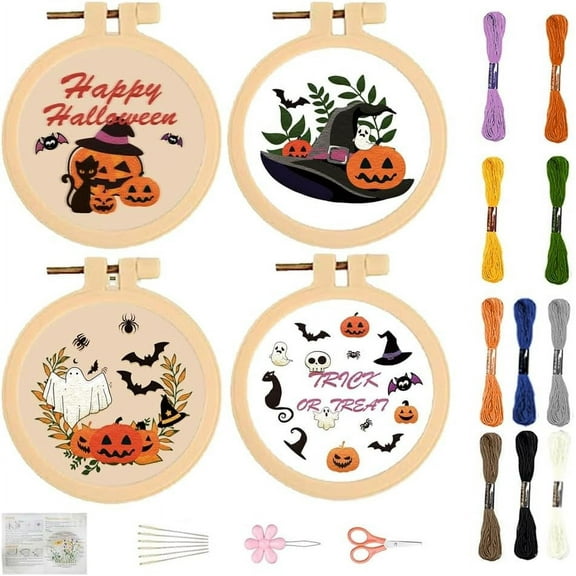 4 Set 3.7'' Small Embroidery Kit Designed with Pumpkin Patterns Embroidery Starter Kit with Detailed Instruction Creative Embroidery Set for Needlepoint Craft Lovers