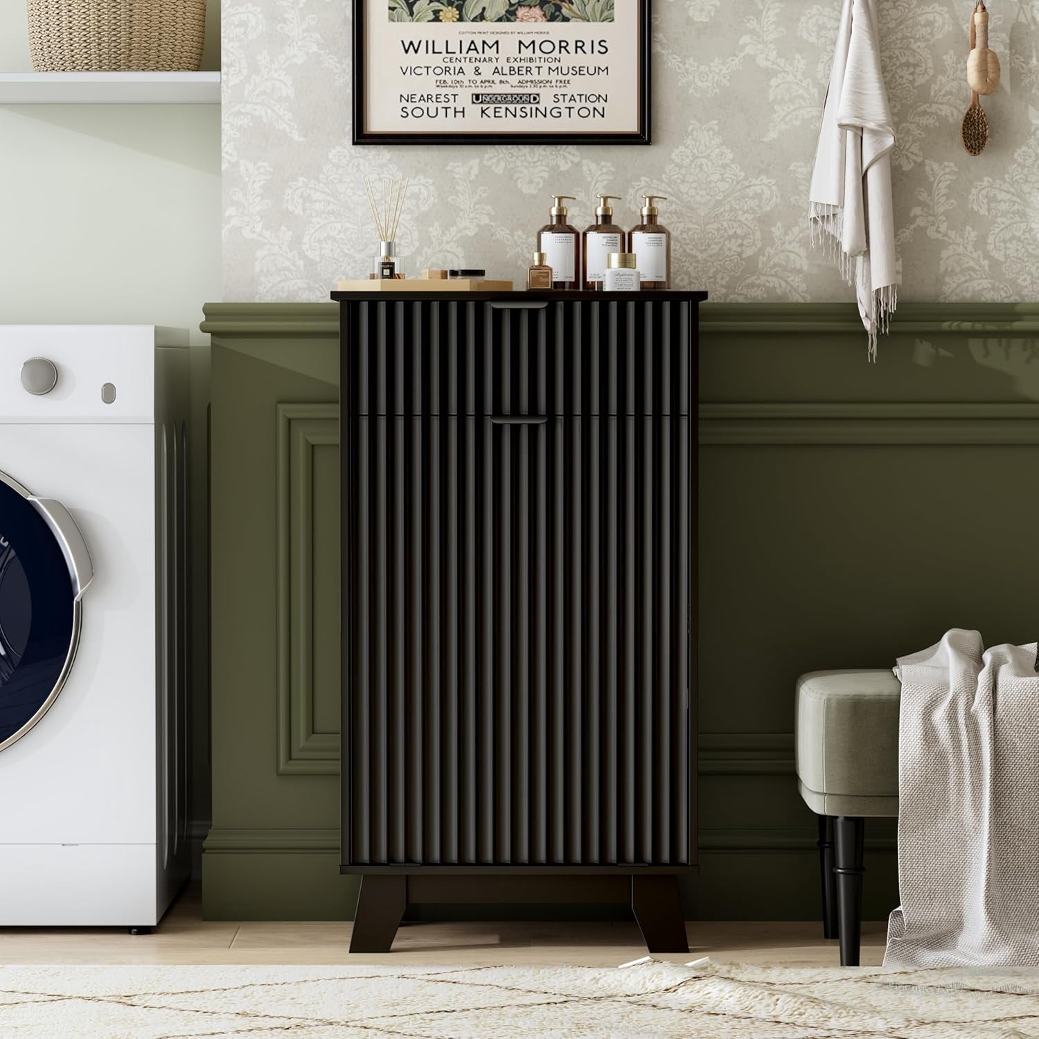 FANRAL Single Tilt Out Laundry Hamper Cabinet,10 Gallon Wooden Hidden Storage Cabinet,Fluted Trash Can for Bathroom Kitchen Living Room,Black Laundry Basket Cabinet