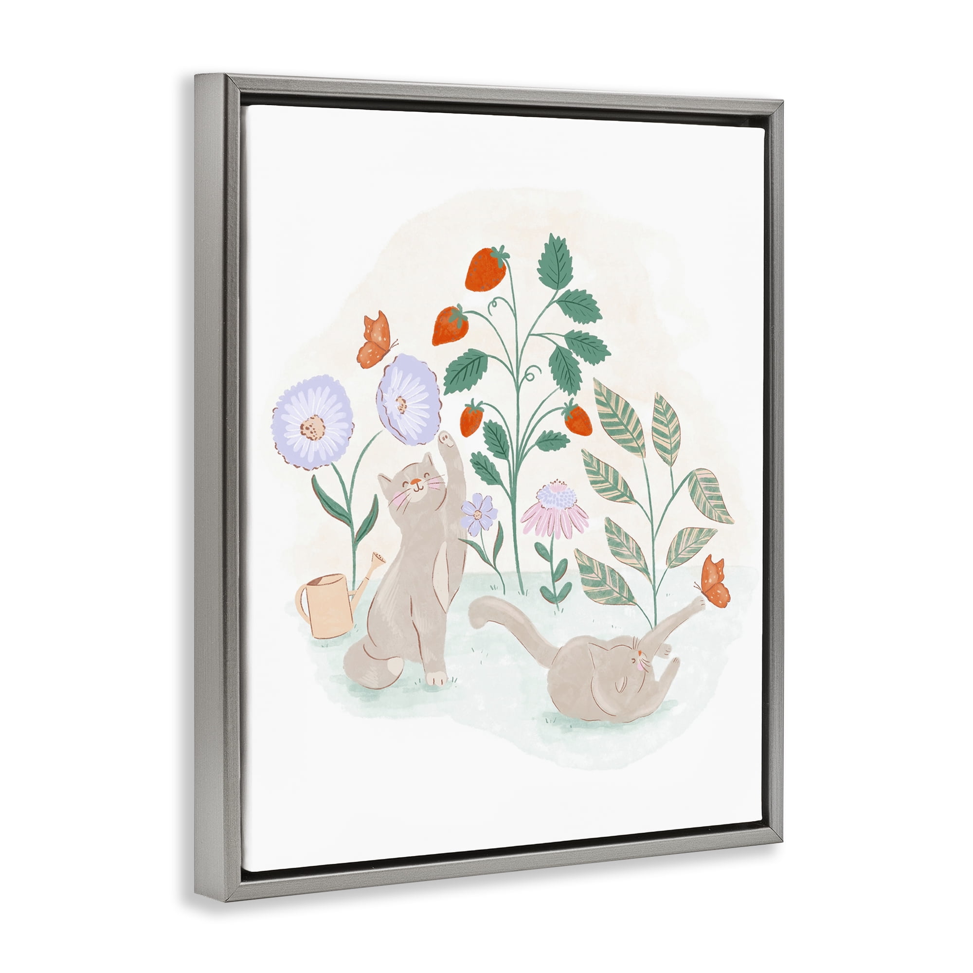 Stupell Industries Cats Playing in Garden Animals & Insects Painting Gray Floater Framed Canvas Art Print Wall Art, 25 x 31
