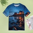 thumbnail image 4 of Lighthouse Sunrise Coast Scenery Pale Blue Tan Women's Short Sleeve T-Shirt Crew Neck Casual Summer Trendy Loose Fit Tops, 4 of 6