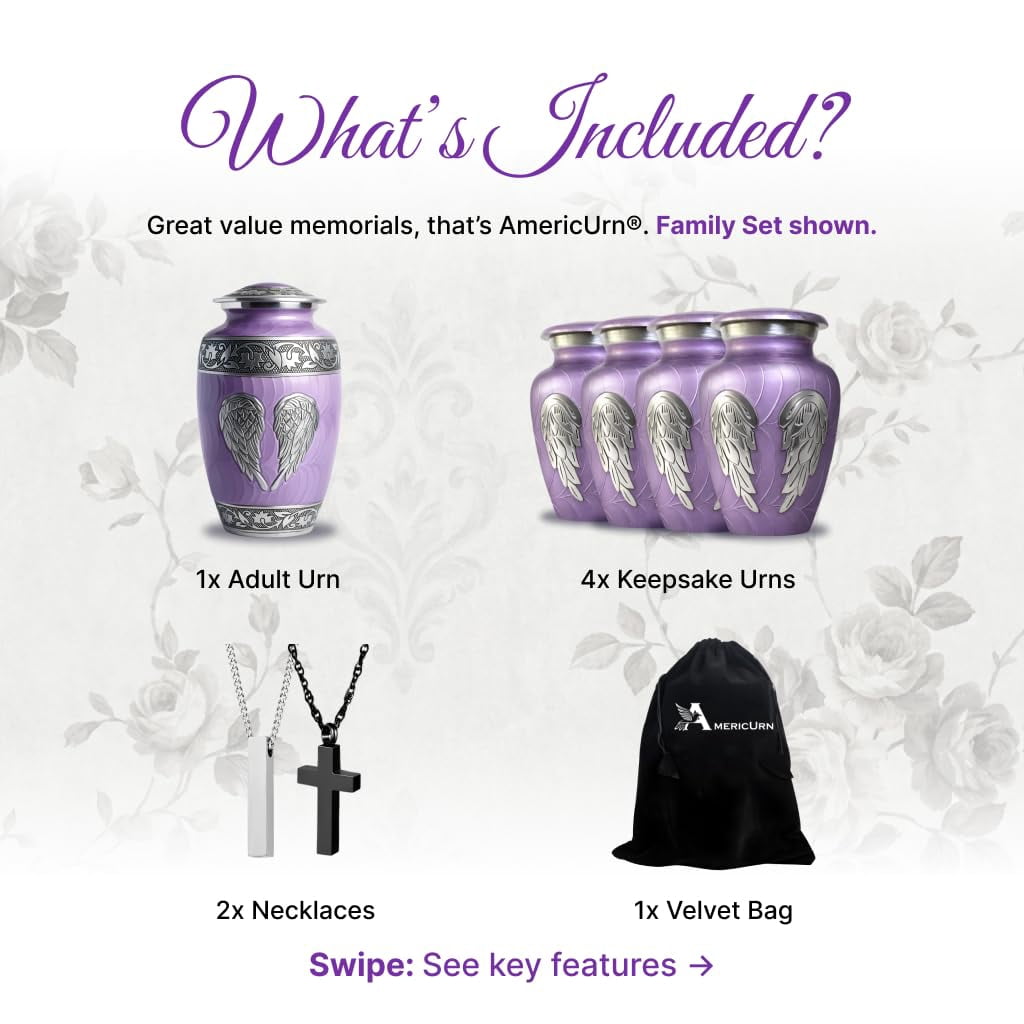 Set of 6 Cremation Urns for Human Ashes Includes 1 Large Urn with 4 Small Keepsakes & 1 Silver Necklace - Purple Angel Wings
