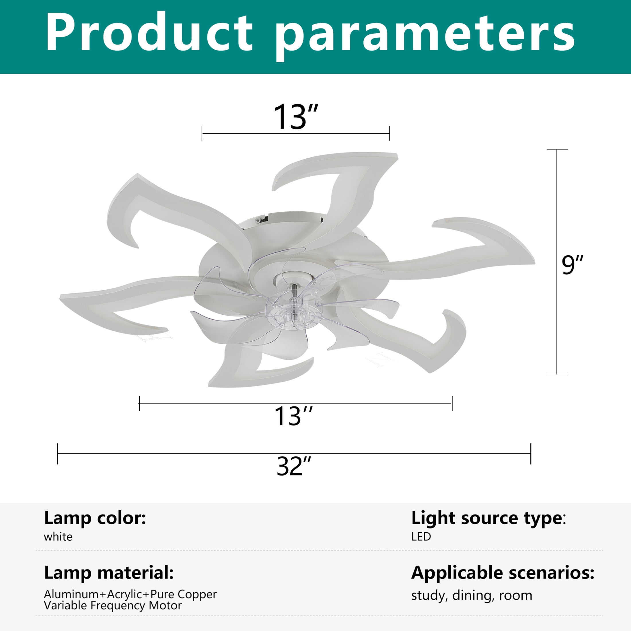 GDF Studio 6-Head Flower Modern Ceiling Fan with LED Lights & Remote Control, Low Profile Flush Mount Fandelier, White
