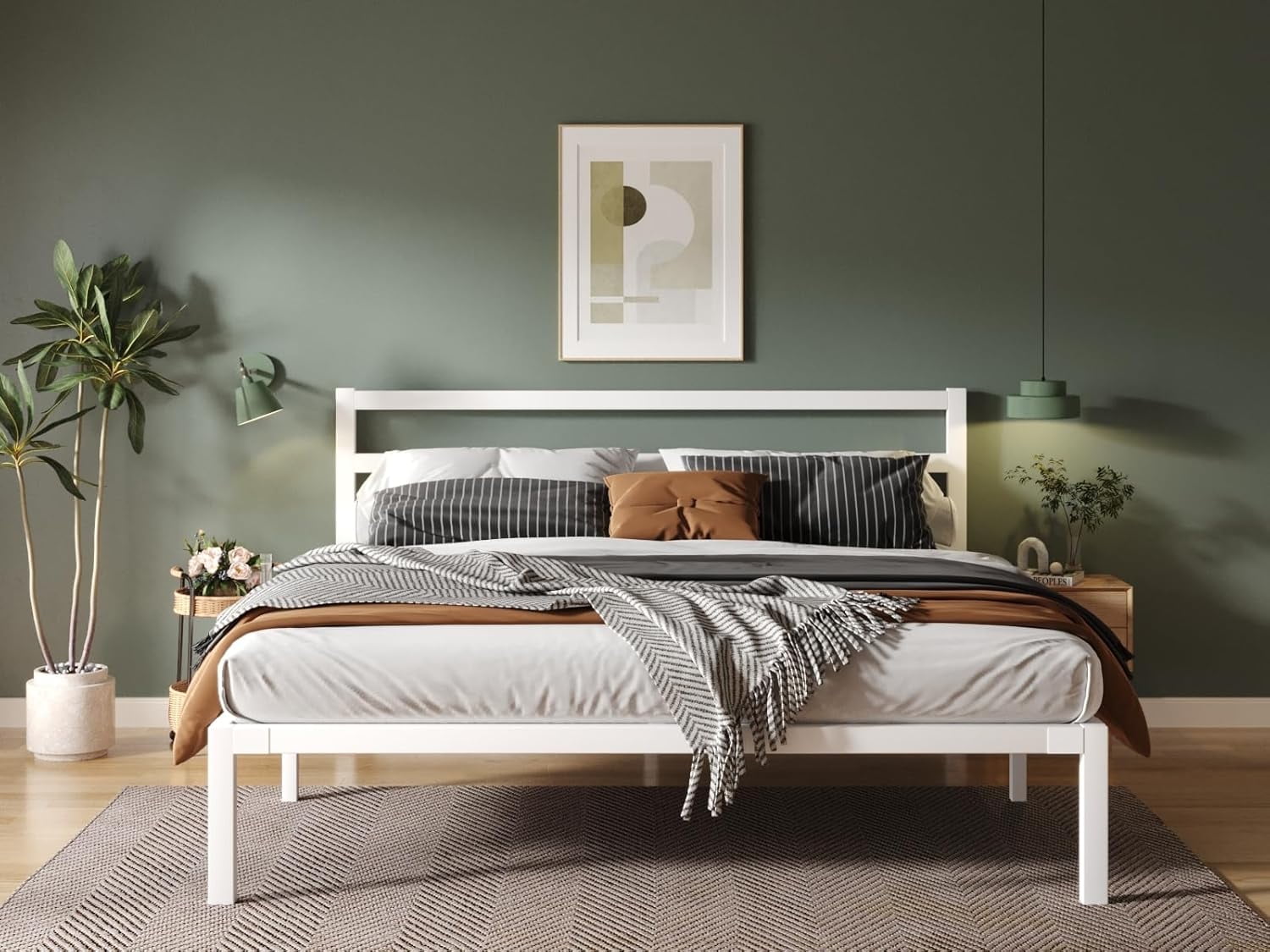 Full Size White Metal Bed Frame with Headboard, Heavy Duty Sturdy Platform Bed, No Box Spring Needed, Easy Assembly, Noise-Free, Modern Style Bedroom Furniture