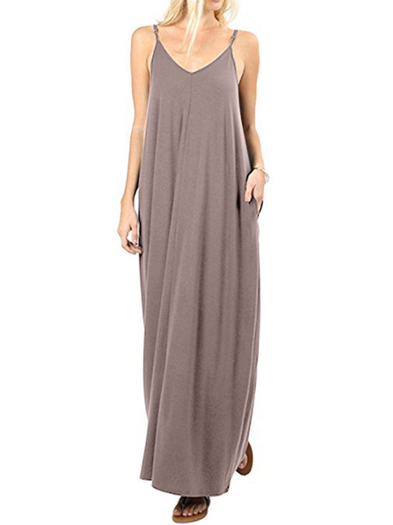 Women Boho Long Maxi Dress Casual Spaghetti Strap Cami Sleeveless V-neck  Loose Oversized Solid Party Beach Sundress - Walmart.com