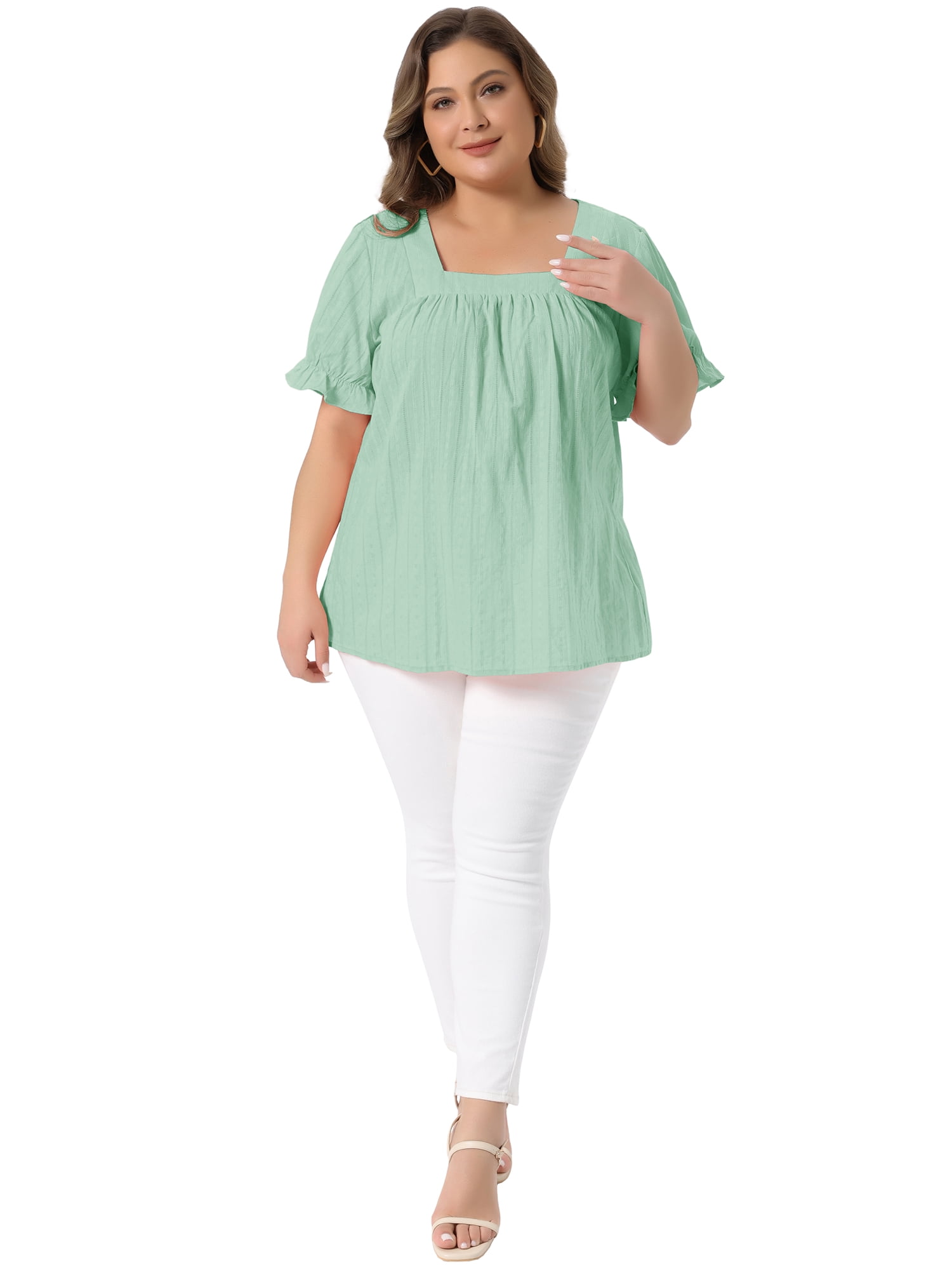 DARING DIVA Women's Plus Women's Top Casual Square Neck Ruffle Sleeve Blouse 1X Green
