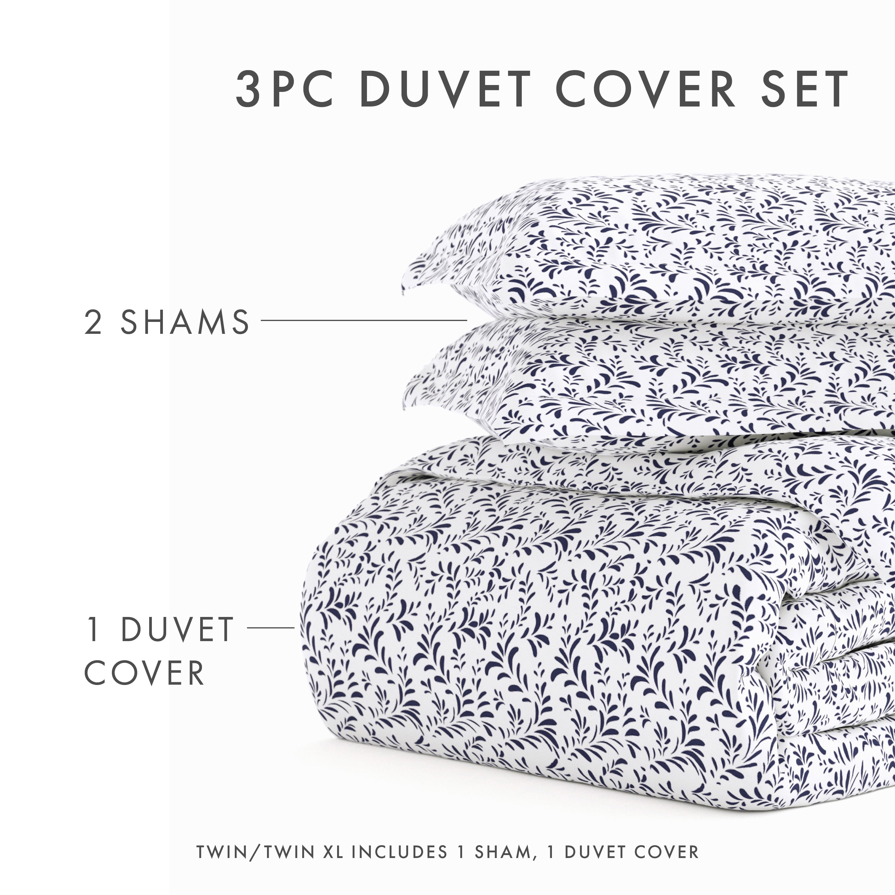 Noble Linens Navy Burst of Vines Print 2-Piece Duvet Cover Set, Twin/TwinXL