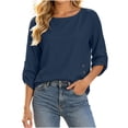 thumbnail image 2 of Warop Women's Adjustable 3/4 Sleeve Tops Round Neck Side Button Decorated Loose Casual Solid Color Blouses, 2 of 5