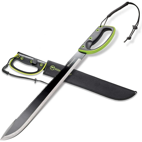 24 Inch Machete Serrated Knife, Drop Point Tip to Saw Cut Branches, Clearing , Gardening, Hiking, Outdoors Black Finish 910039