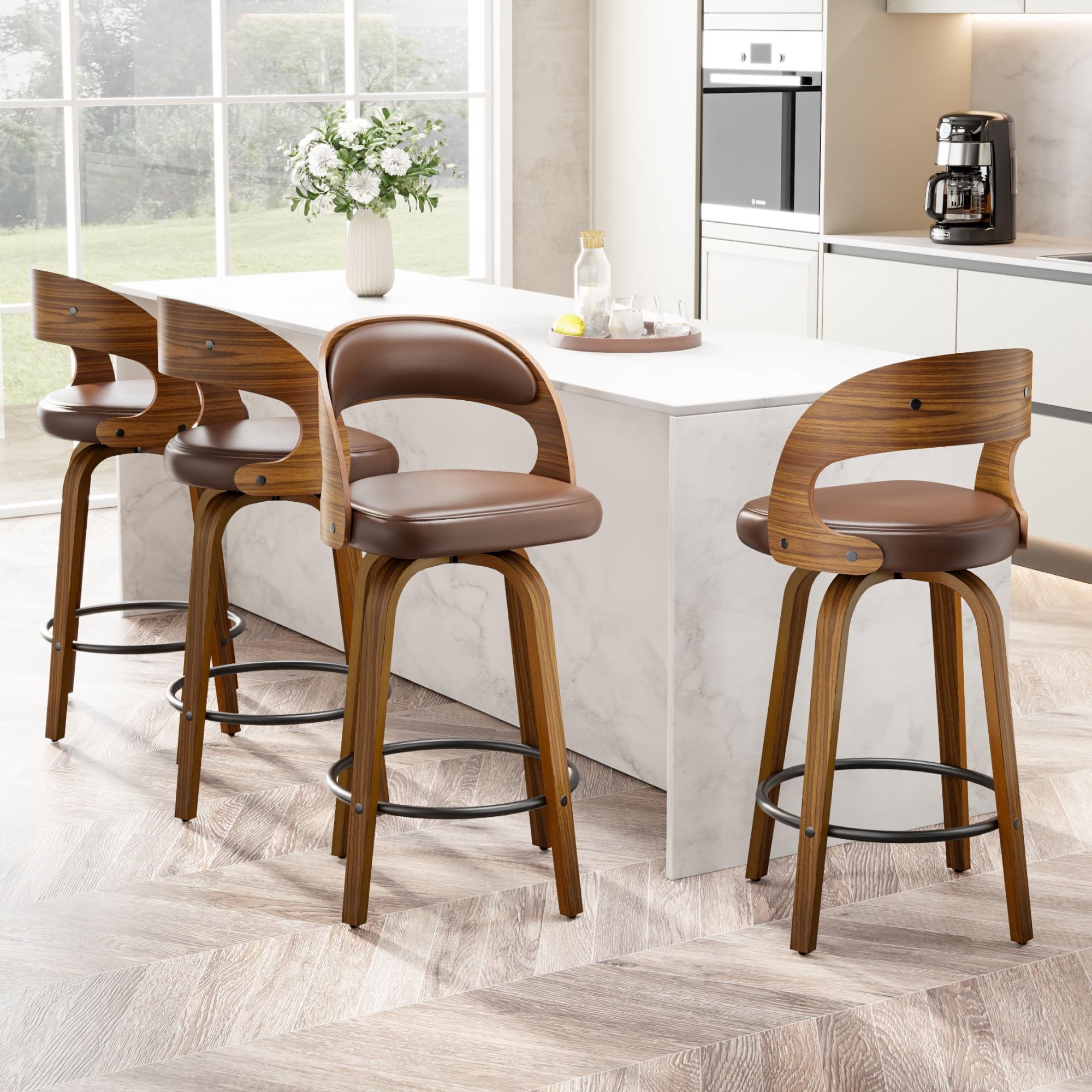 SUNCOZE Bar Stools Set of 2, 26 Inch Counter Height Modern Swivel Bar Chairs with PU Leather Upholstery and Solid Wood Legs, for Kitchen Island or Home Bar, Brown