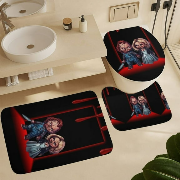 Chucky Bathroom Rug Set 3 Halloween Bath Mats Coral Velvet Cover Floor Mat U-Shaped Shower Mat Toilet Lid Cover 16x24inch