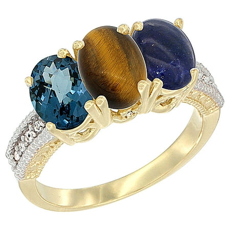 - 10K Yellow Gold Diamond Natural London Blue Topaz, Tiger Eye & Lapis Ring 3-Stone Oval 7x5 mm, sizes 5 - 10