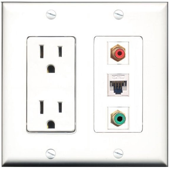 RiteAV - 15 Amp Power Outlet 1 Port RCA Red 1 Port RCA Green 1 Port Cat5e Ethernet White Decorative Wall Plate