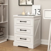 IDEALSOUL Nightstand for bedroom, White Farmhouse End Table with Charging Station, 3 Drawers Storage