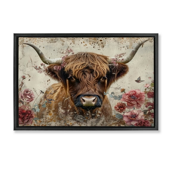 Stupell Industries Highland Cow in Spring Animals Painting Black Floater Framed Canvas Art Print Wall Art, 25 x 17