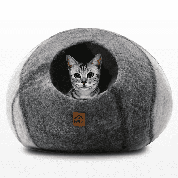 HAUSSIMPLE Wool Cat Cave Bed for Large Cats, Pet Sleeping Bed Natural 100% Merino Wool - Gray White