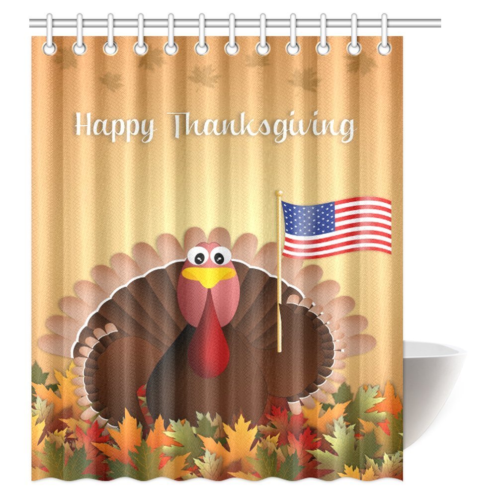 MYPOP Thanksgiving Decor Shower Curtain, Happy Thanksgiving Turkey with