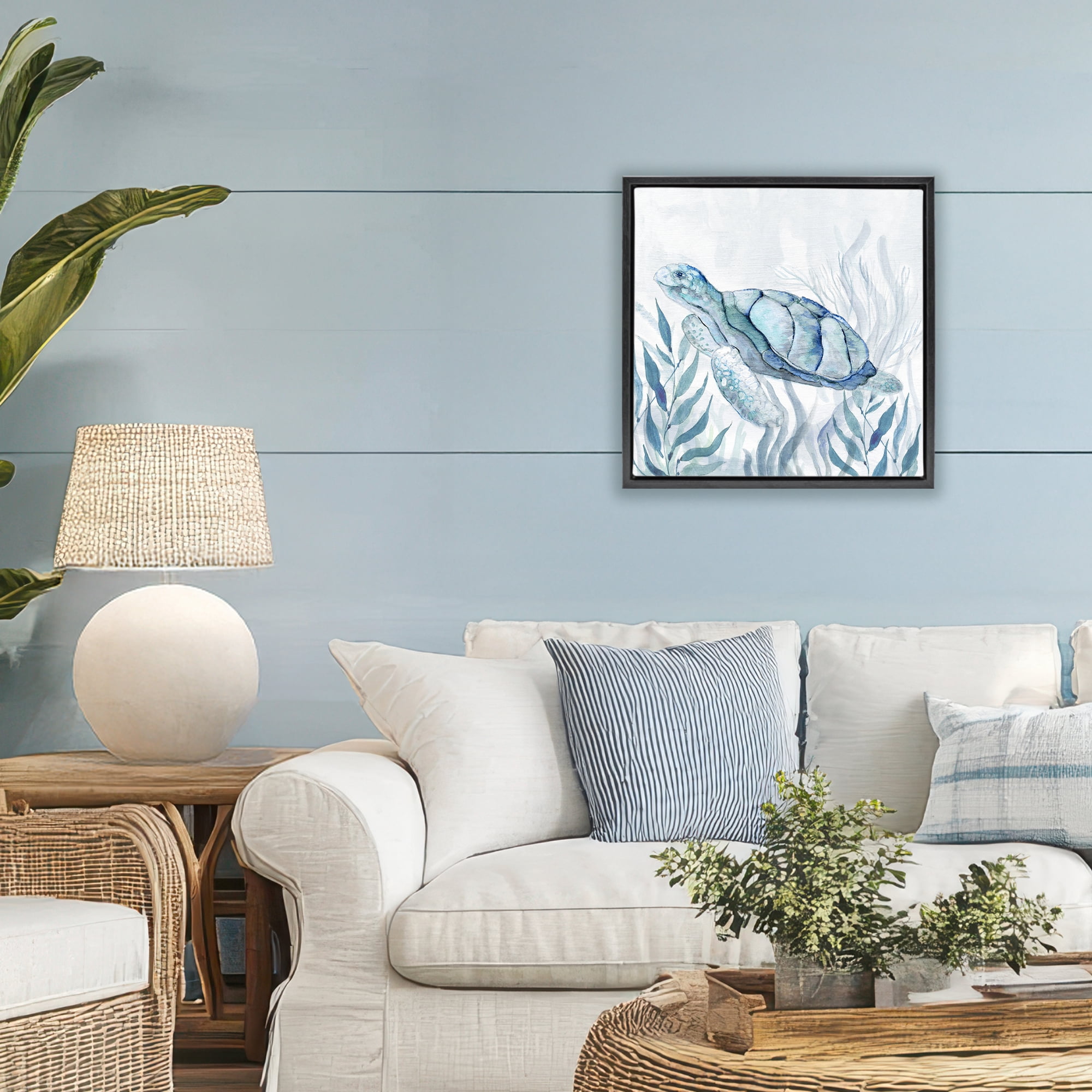 Stupell Industries Sea Turtle with Subtle Smile Black Framed Floater Canvas Wall Art, design by Janet Tava