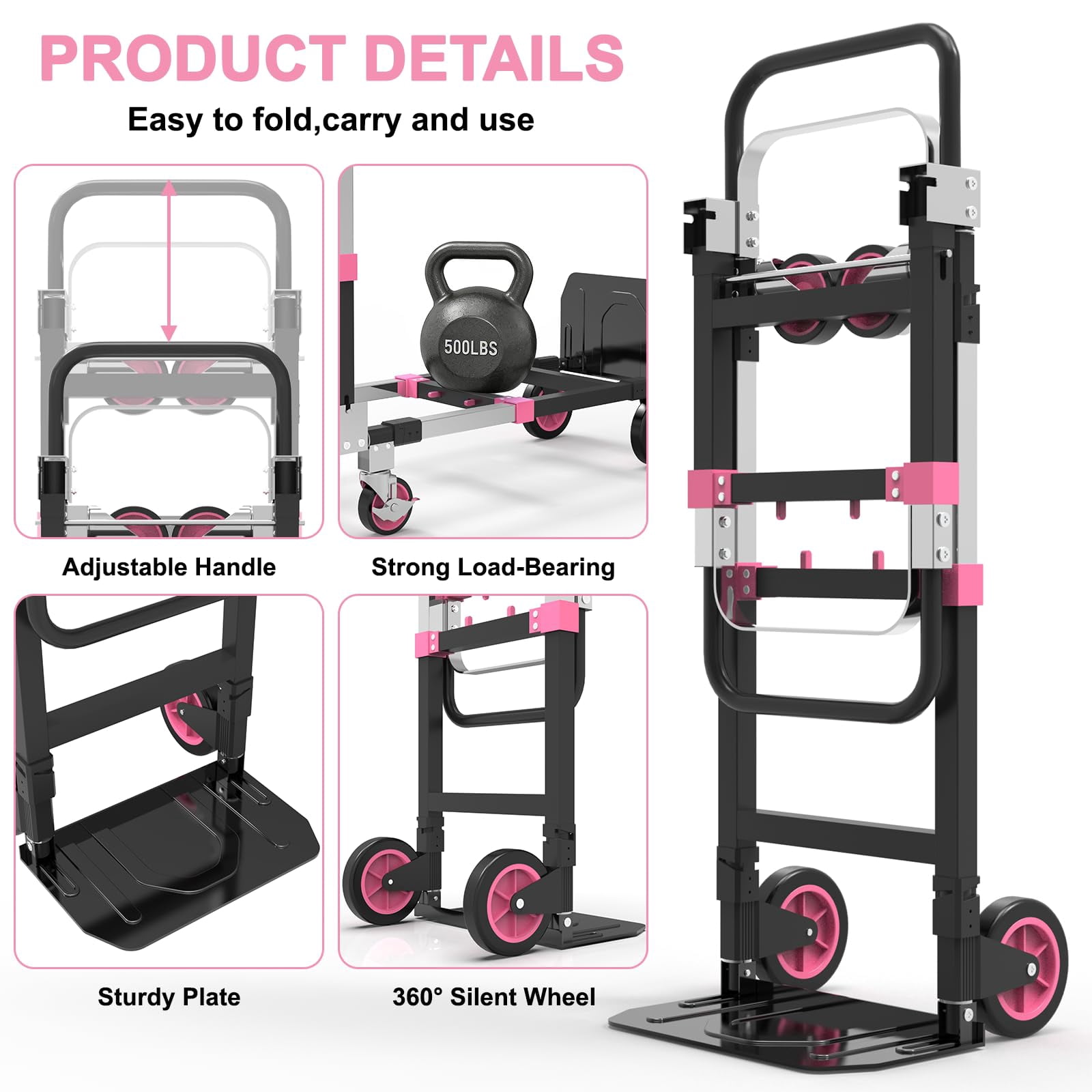 Yacona 3-in-1 Folding Hand Truck, Foldable Dolly Cart with Wheels Heavy Duty, Convertible Hand Cart for Moving with Retractable Handle, Pink