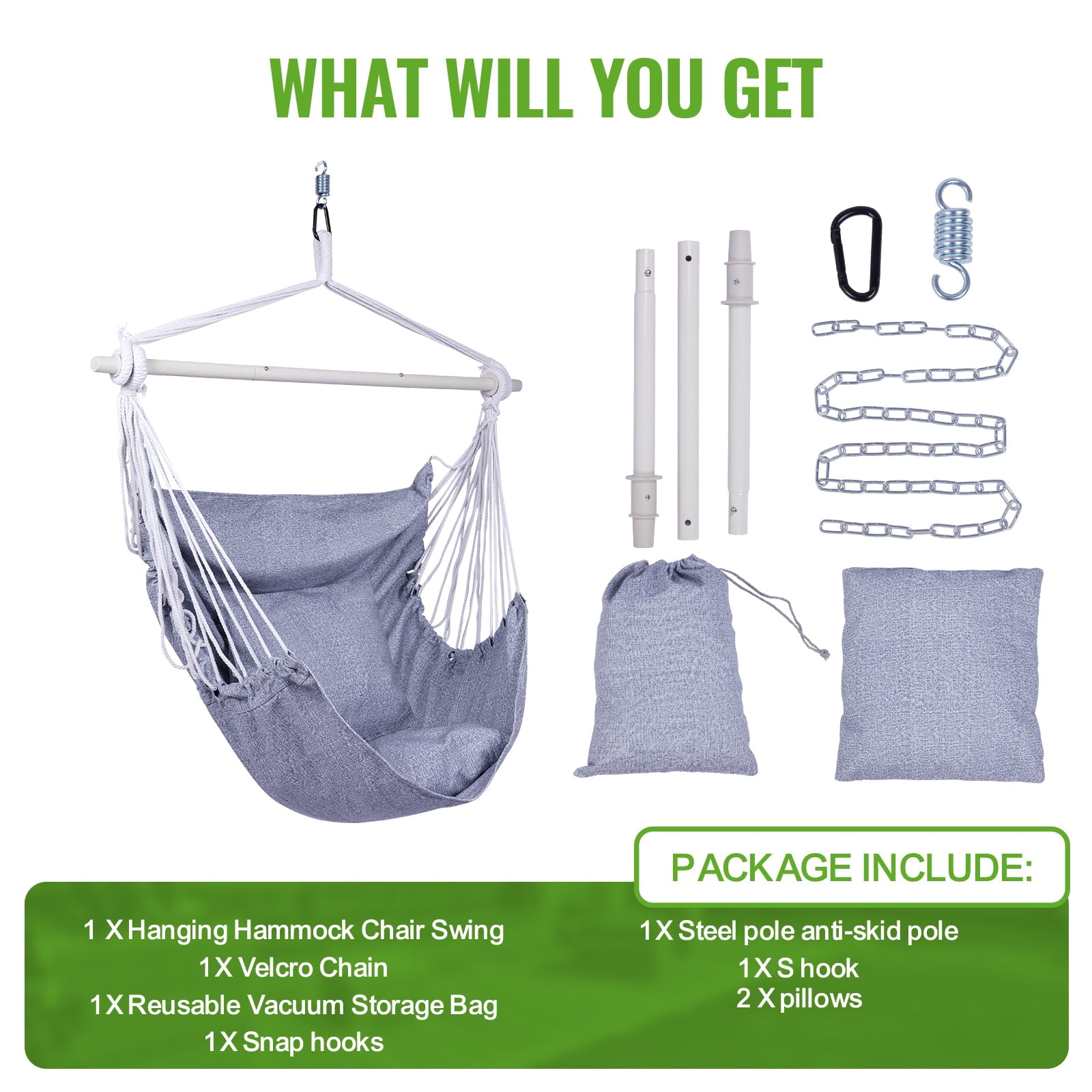 Backyard Expressions Hammock Chair Hanging Rope Swing Chair, 2 Pillows, Anti Slip Steel Spreader Bar