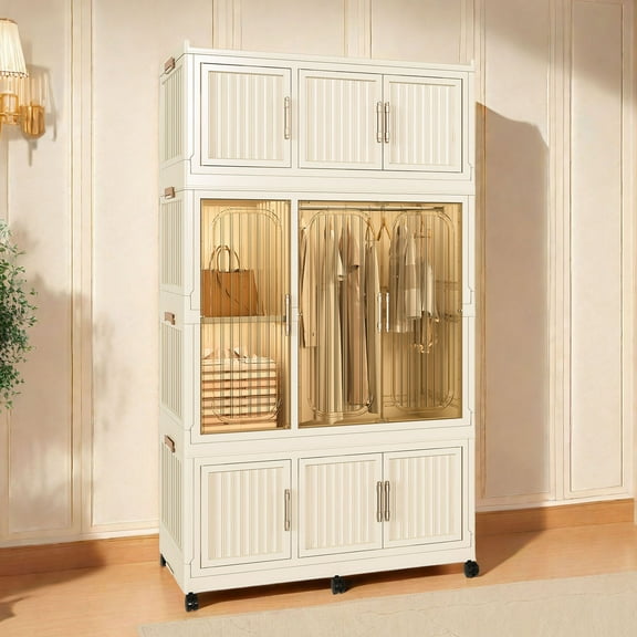 Portable Wardrobe Closet Organizer In Cream White With 9 Cubes And Hanging Rod For Clothes Storage Solution