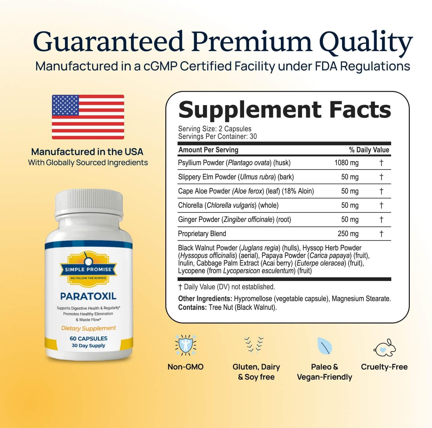 Simple Promise Paratoxil - Psyllium Husk Capsules for Daily Gut Wellness Support - with Slippery Elm, Aloe, Chlorella & Ginger - Natural Plant-Based Formula - 60 Capsules