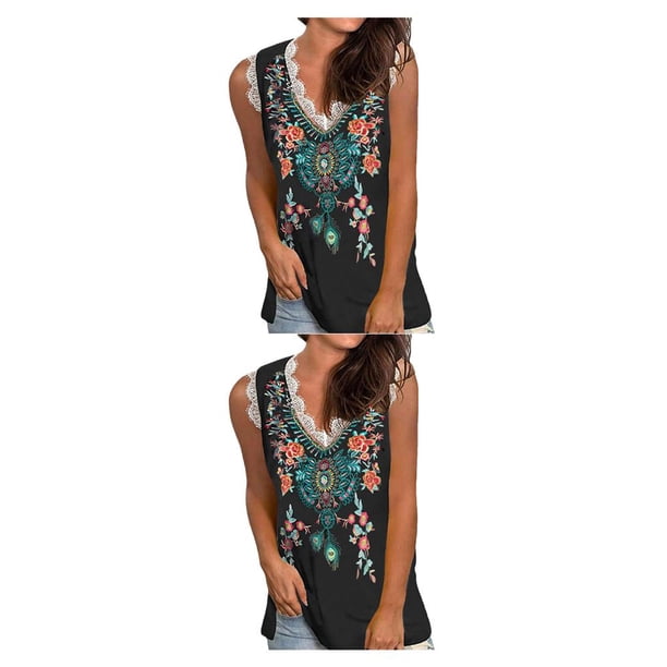 Qarigey Chaleco de algodón para mujer, camiseta sin mangas de encaje con estampado para citas en la playa, vacaciones, verano, transpirable, Tipo 1 L 2piezas