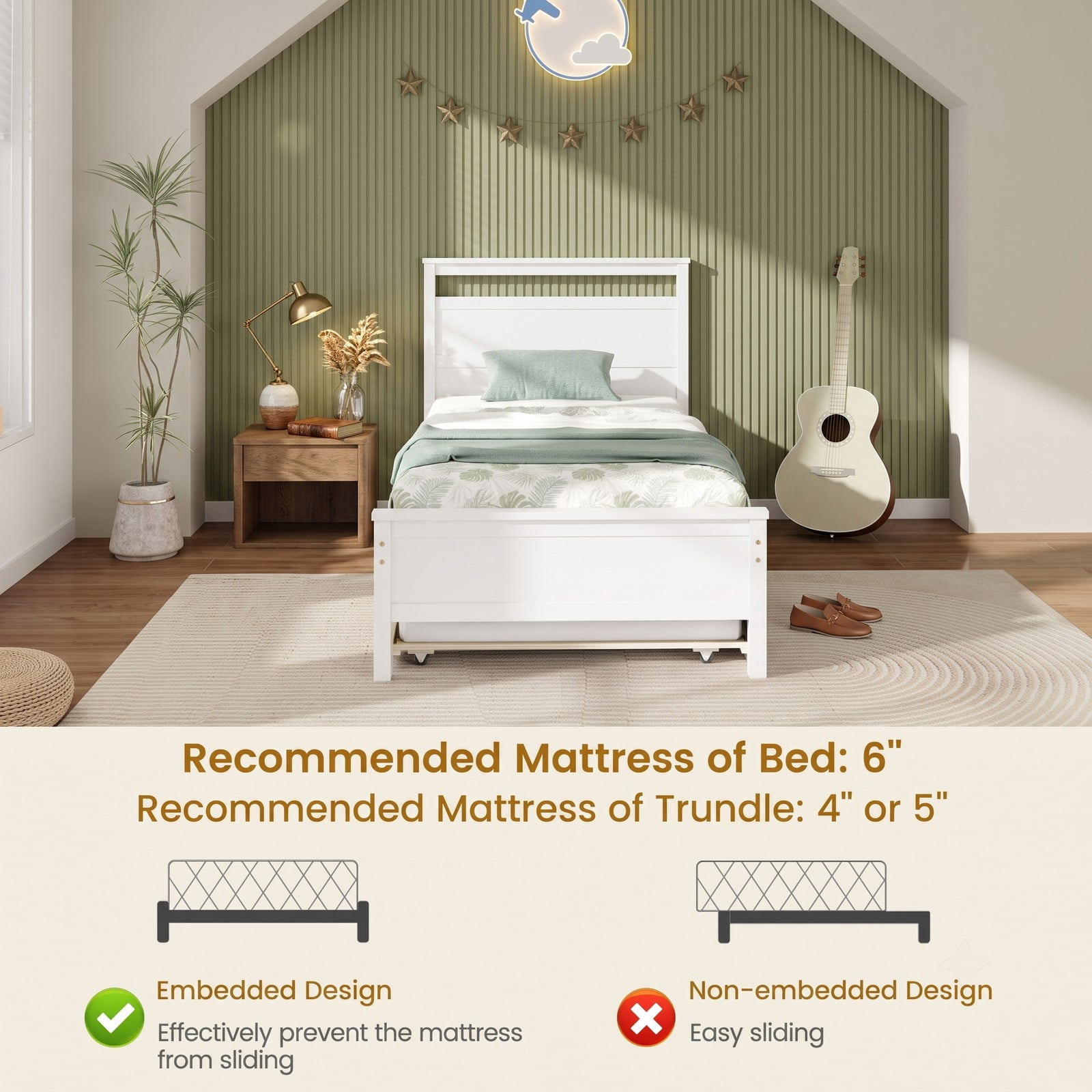 Furnibear Twin Bed Frame Wood Platform Bed with Roll-Out Trundle and Plank Headboard for Kids and Guest Bedroom, White