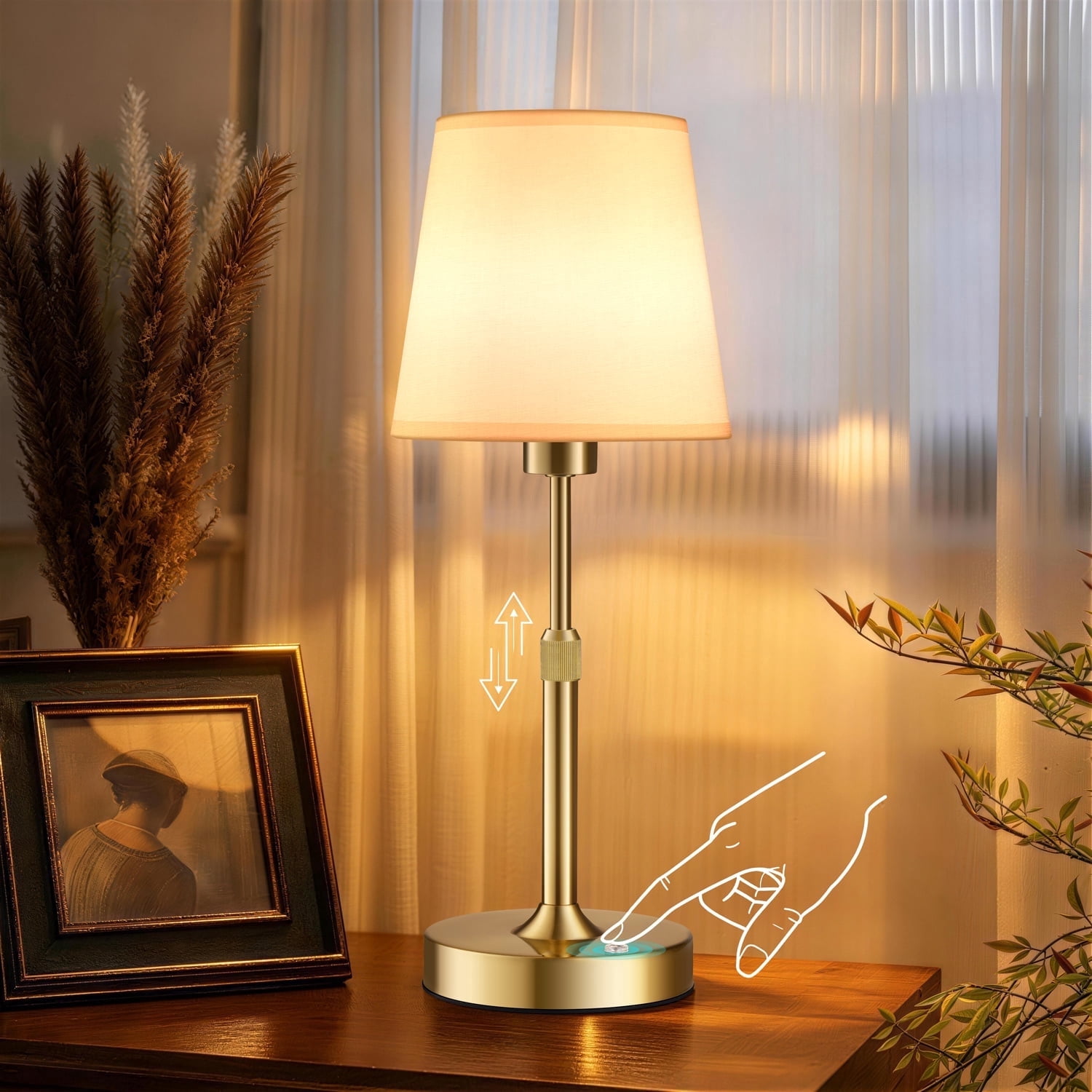 Walchoice Cordless Table Lamp, Adjustable Height Rechargeable Wireless Lamp, 3 Color Temperatures & Stepless Dimming, Portable Touch Desk Lamp for Bedroom, Nightstand, Dining Table, Restaurant, Gold