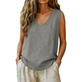 thumbnail image 3 of Women Linen Vests Plain Tank Tops Summer Sleeveless T Shirts Crewneck Tee Casual Tanks Tunic Fashion Undershirt Stretchy Tank Top Office Work Loose Shirt Solid Color Vest, 3 of 5
